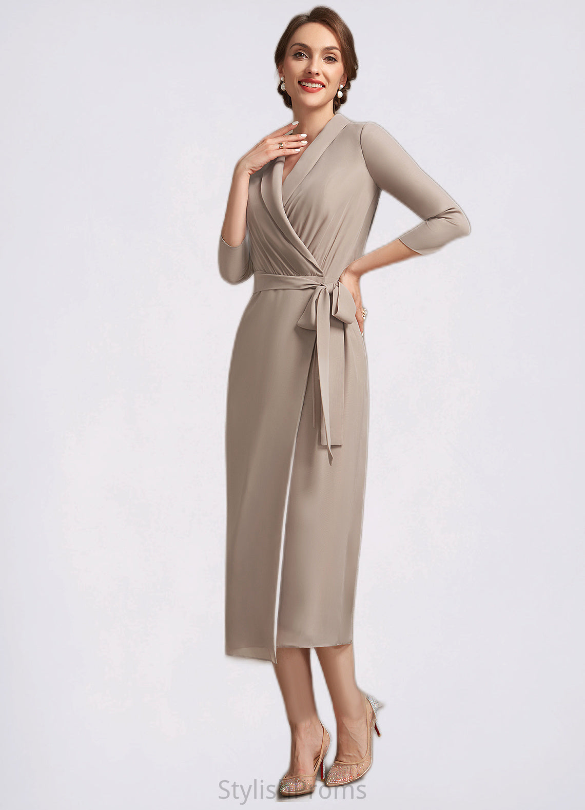 Taniya Sheath/Column V-neck Tea-Length Chiffon Mother of the Bride Dress With Bow(s) HQ126P0014891