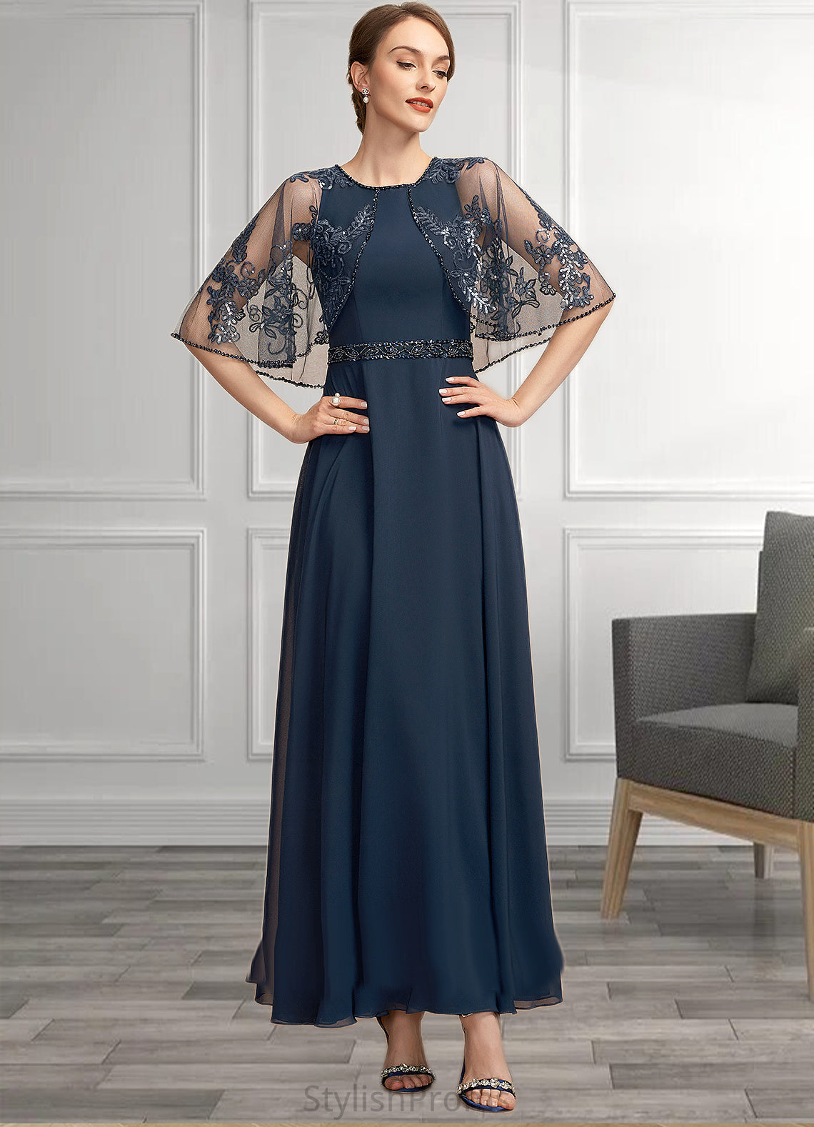 Florence A-Line Scoop Neck Ankle-Length Chiffon Lace Mother of the Bride Dress With Beading Sequins HQ126P0014892