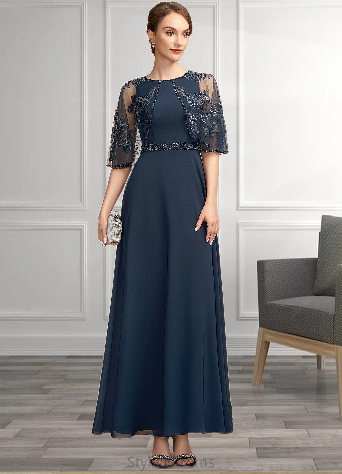 Florence A-Line Scoop Neck Ankle-Length Chiffon Lace Mother of the Bride Dress With Beading Sequins HQ126P0014892