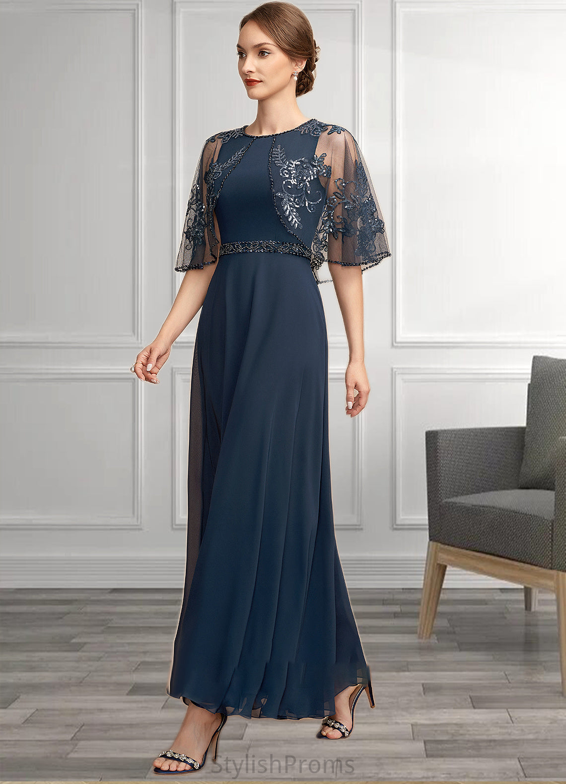 Florence A-Line Scoop Neck Ankle-Length Chiffon Lace Mother of the Bride Dress With Beading Sequins HQ126P0014892