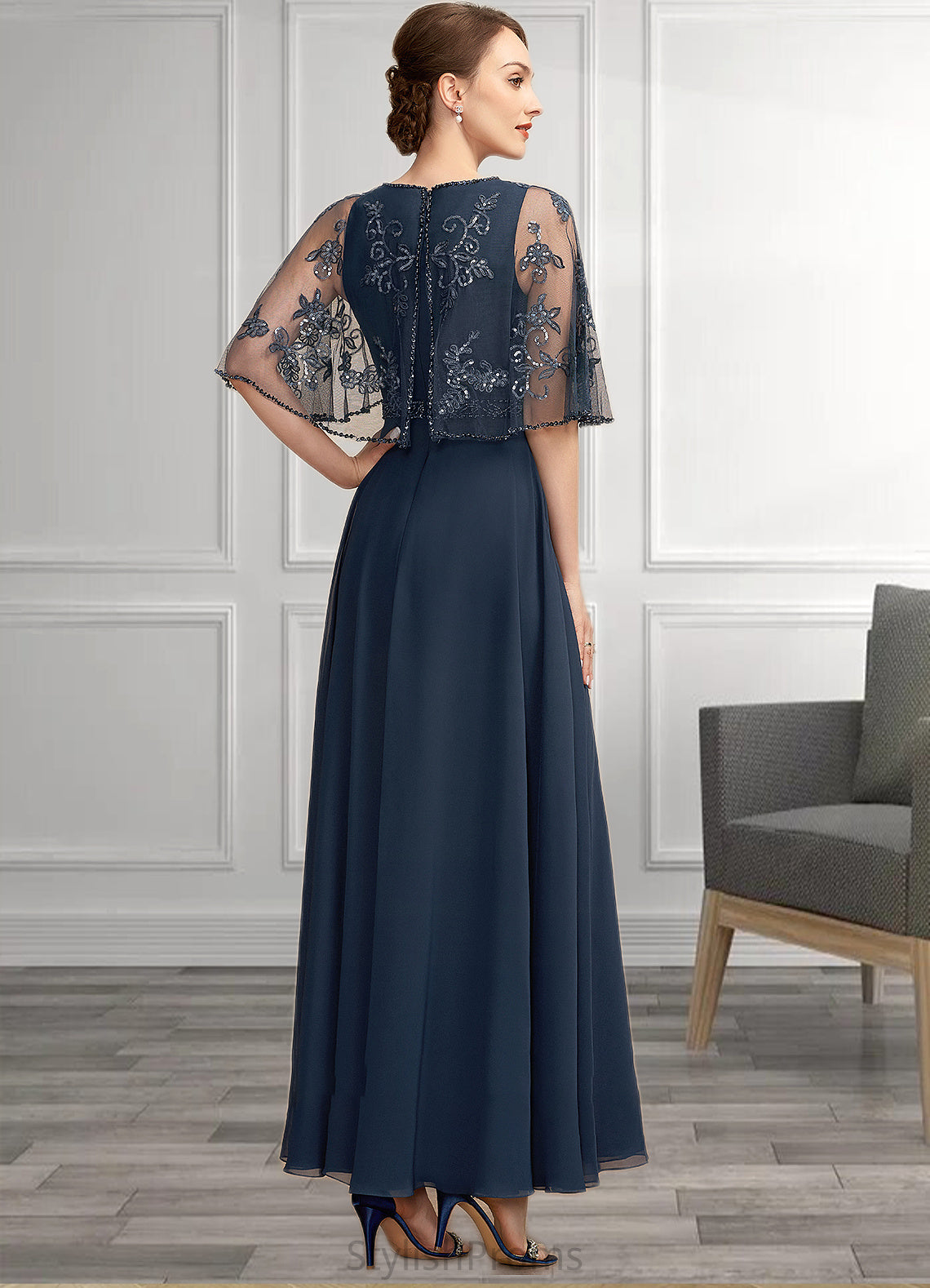 Florence A-Line Scoop Neck Ankle-Length Chiffon Lace Mother of the Bride Dress With Beading Sequins HQ126P0014892