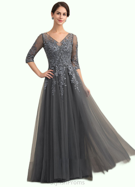 Denise A-Line V-neck Floor-Length Tulle Lace Mother of the Bride Dress With Beading Sequins HQ126P0014895