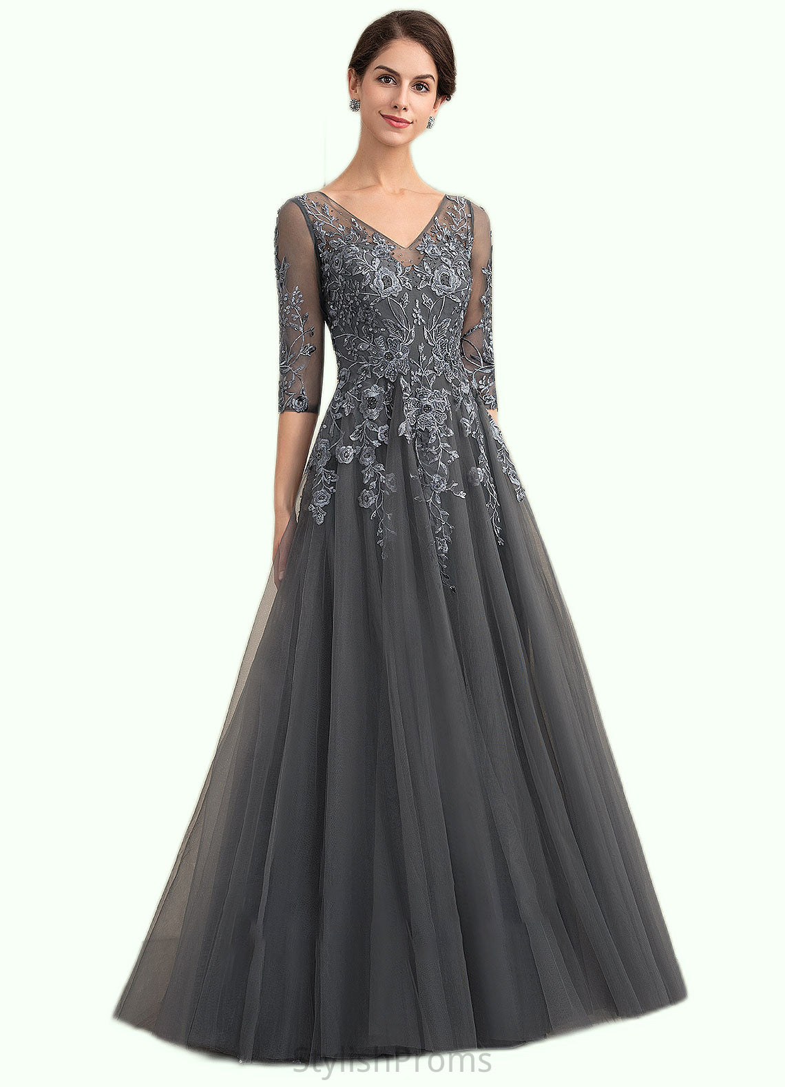 Denise A-Line V-neck Floor-Length Tulle Lace Mother of the Bride Dress With Beading Sequins HQ126P0014895