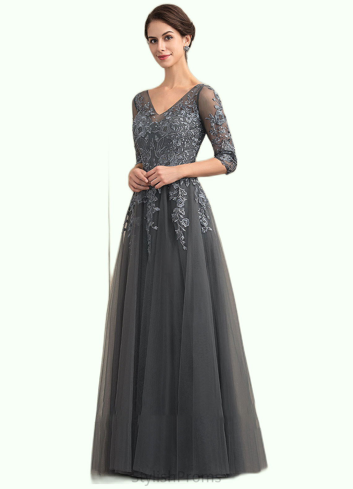 Denise A-Line V-neck Floor-Length Tulle Lace Mother of the Bride Dress With Beading Sequins HQ126P0014895