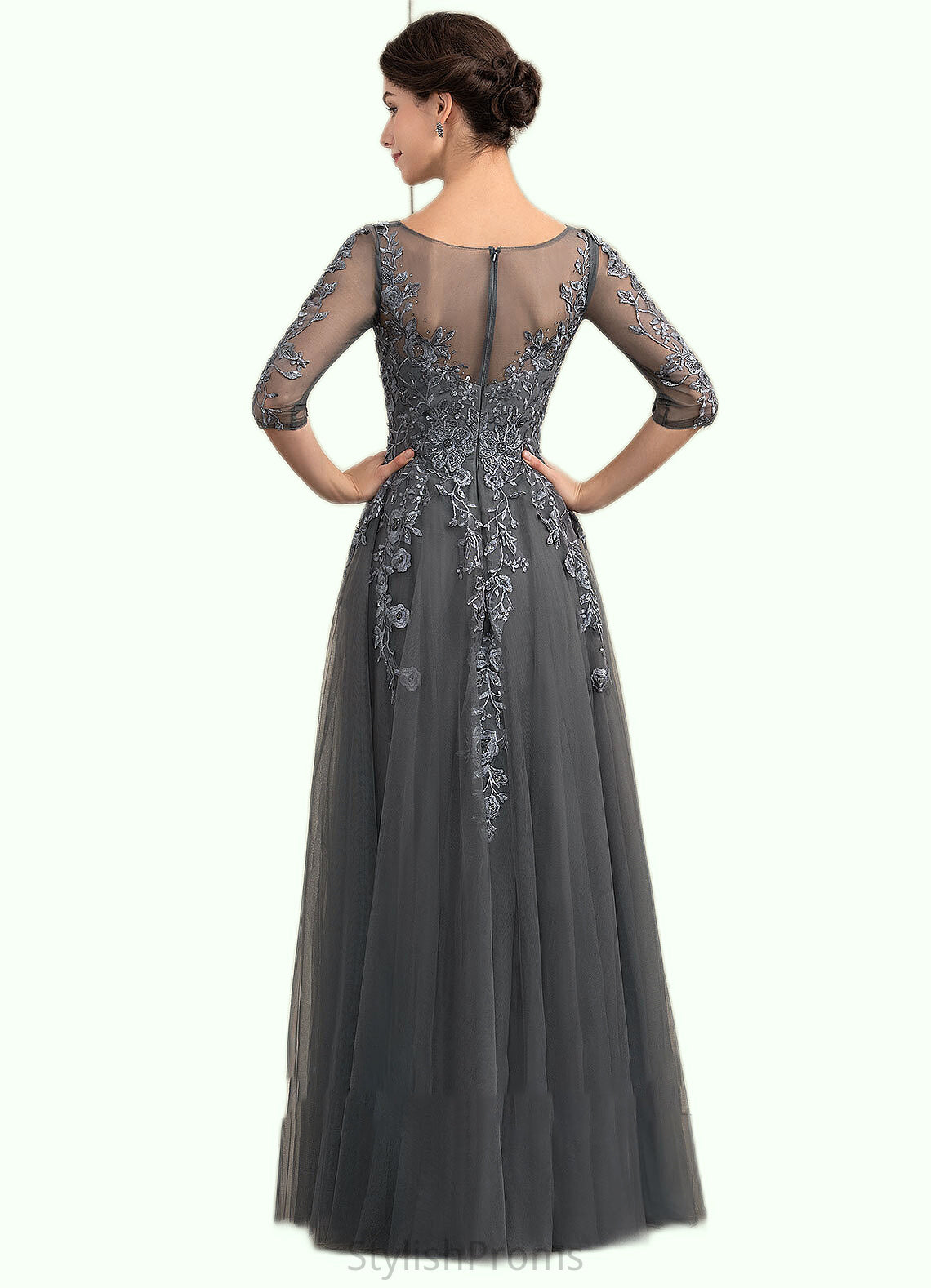 Denise A-Line V-neck Floor-Length Tulle Lace Mother of the Bride Dress With Beading Sequins HQ126P0014895