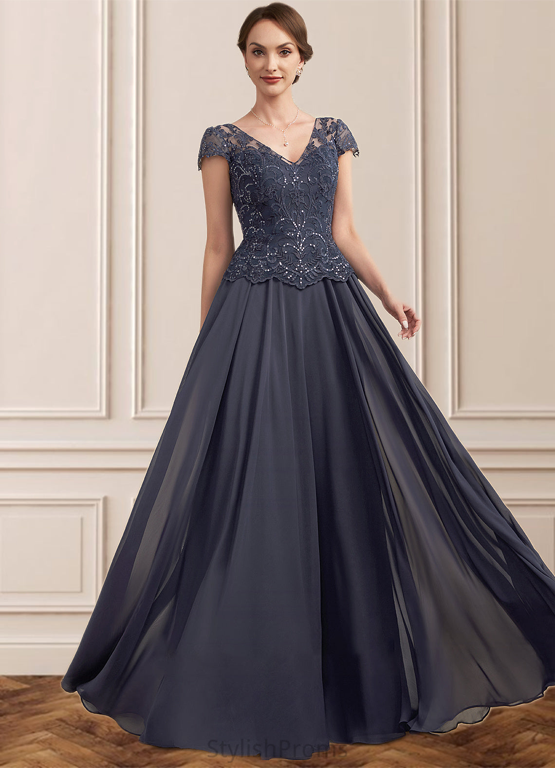 Daisy A-Line V-neck Floor-Length Chiffon Lace Mother of the Bride Dress With Sequins HQ126P0014901