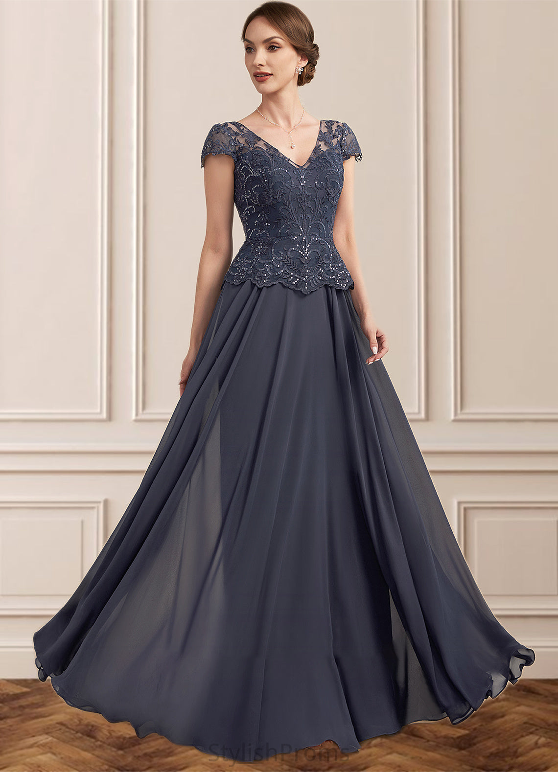 Daisy A-Line V-neck Floor-Length Chiffon Lace Mother of the Bride Dress With Sequins HQ126P0014901