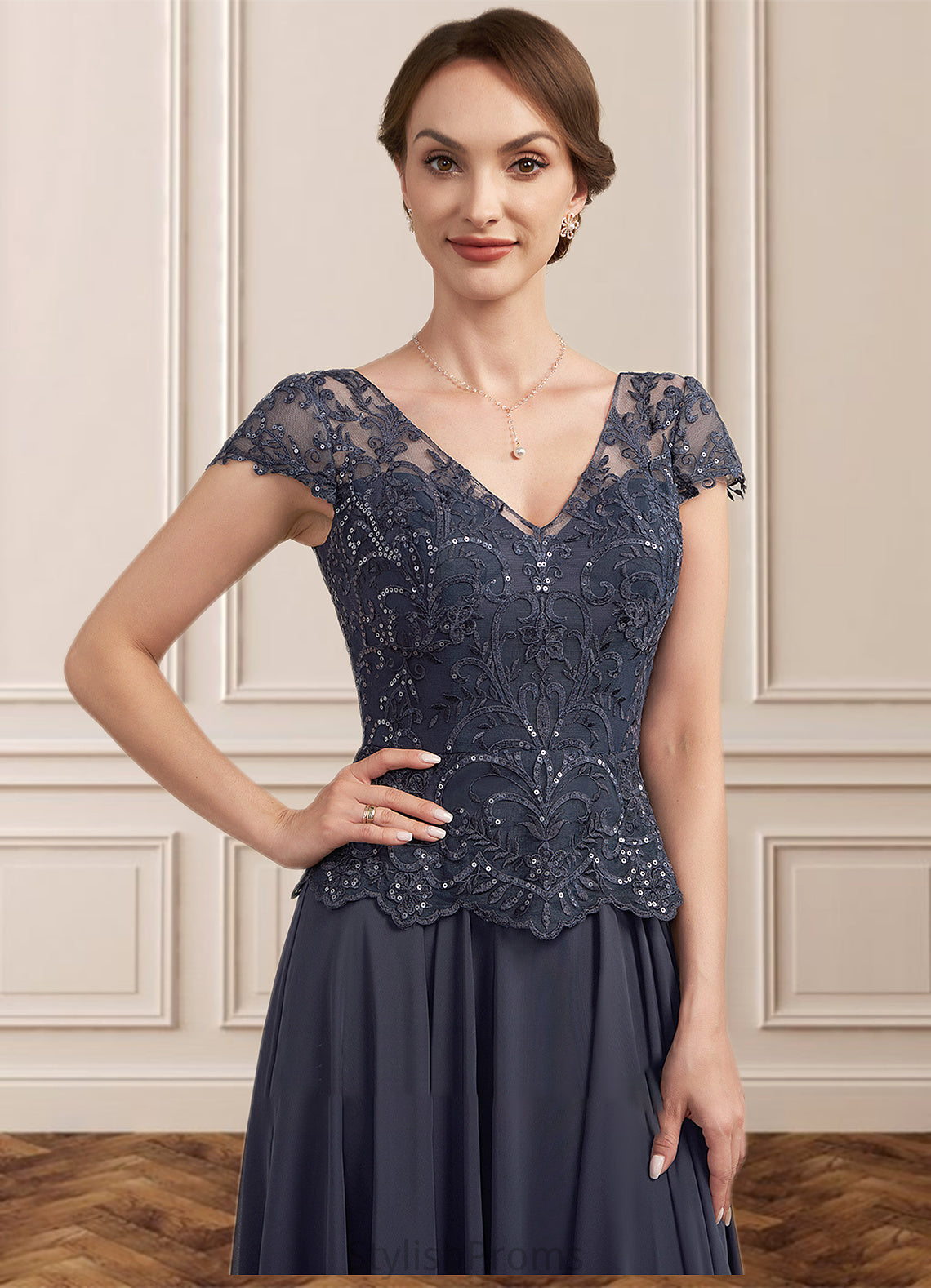 Daisy A-Line V-neck Floor-Length Chiffon Lace Mother of the Bride Dress With Sequins HQ126P0014901