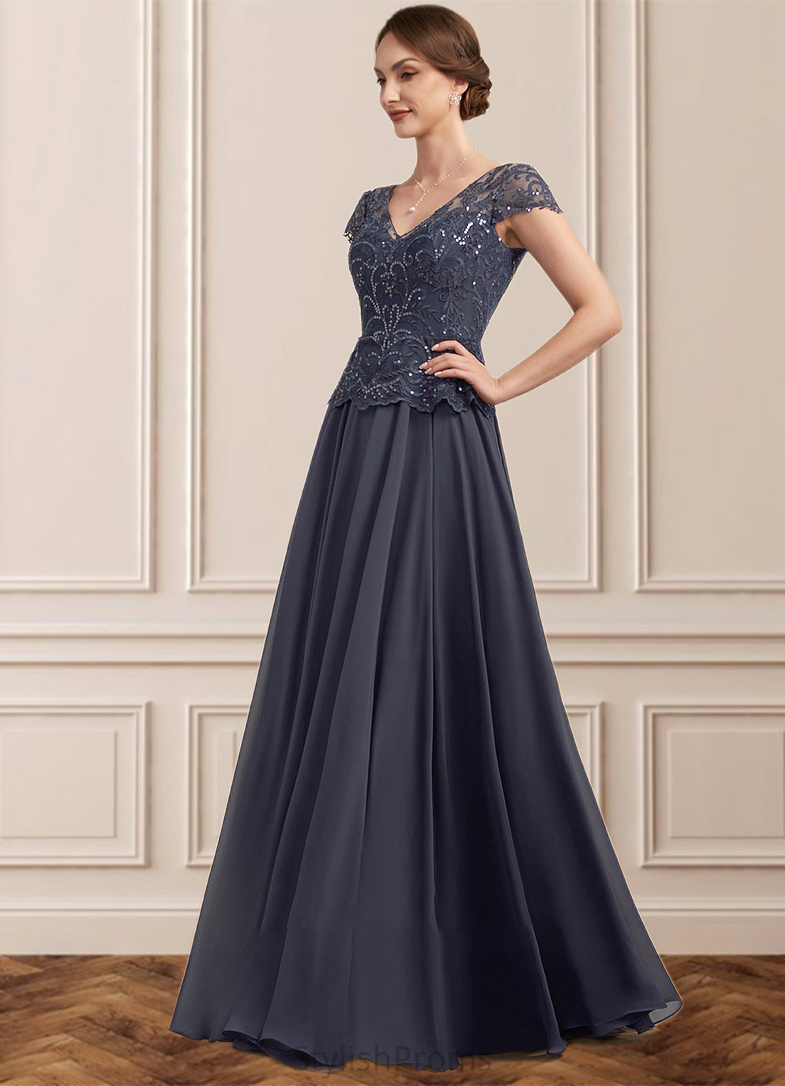 Daisy A-Line V-neck Floor-Length Chiffon Lace Mother of the Bride Dress With Sequins HQ126P0014901