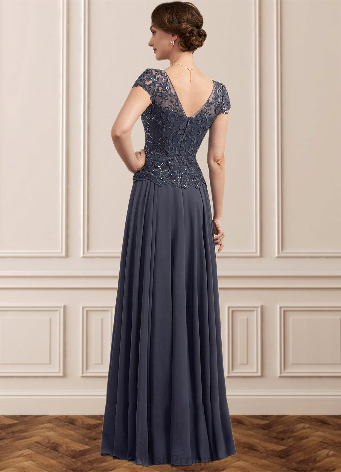 Daisy A-Line V-neck Floor-Length Chiffon Lace Mother of the Bride Dress With Sequins HQ126P0014901