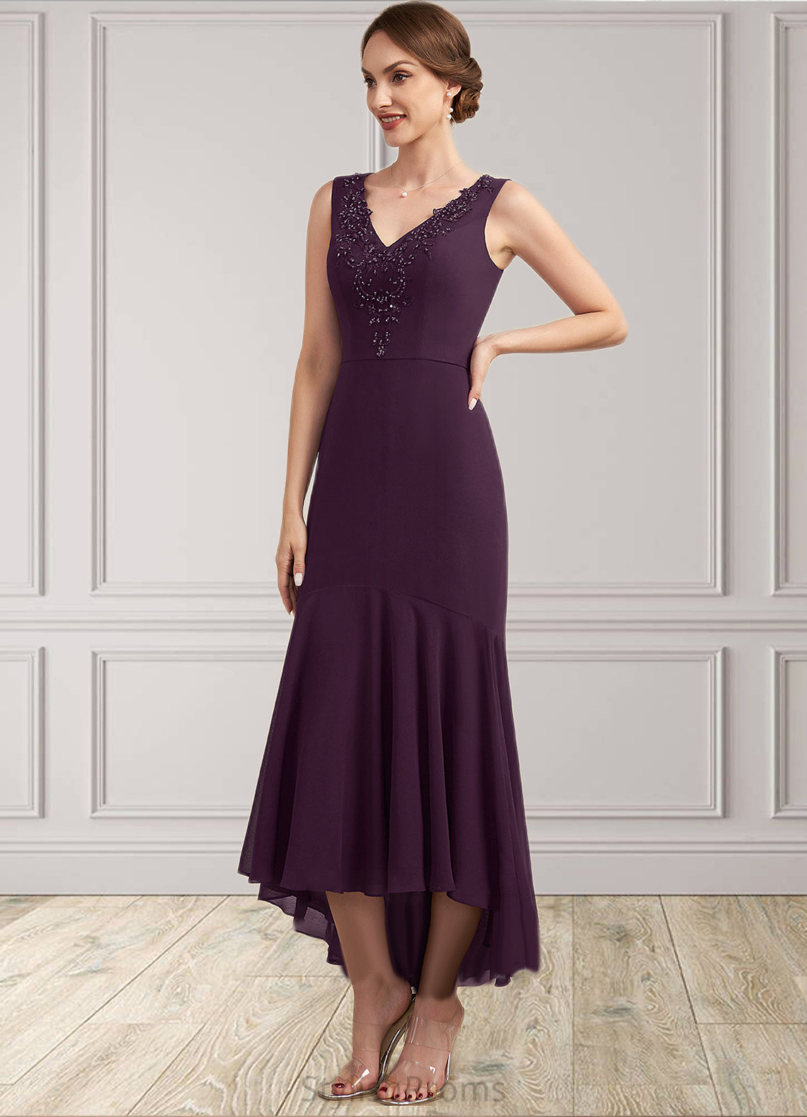 Daniella Trumpet/Mermaid V-neck Asymmetrical Chiffon Mother of the Bride Dress With Lace Beading Sequins HQ126P0014902