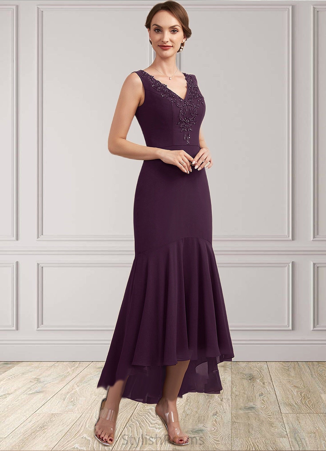 Daniella Trumpet/Mermaid V-neck Asymmetrical Chiffon Mother of the Bride Dress With Lace Beading Sequins HQ126P0014902