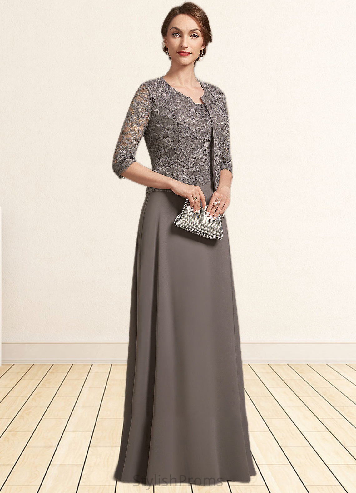 Alyssa A-Line Square Neckline Floor-Length Chiffon Lace Mother of the Bride Dress HQ126P0014904