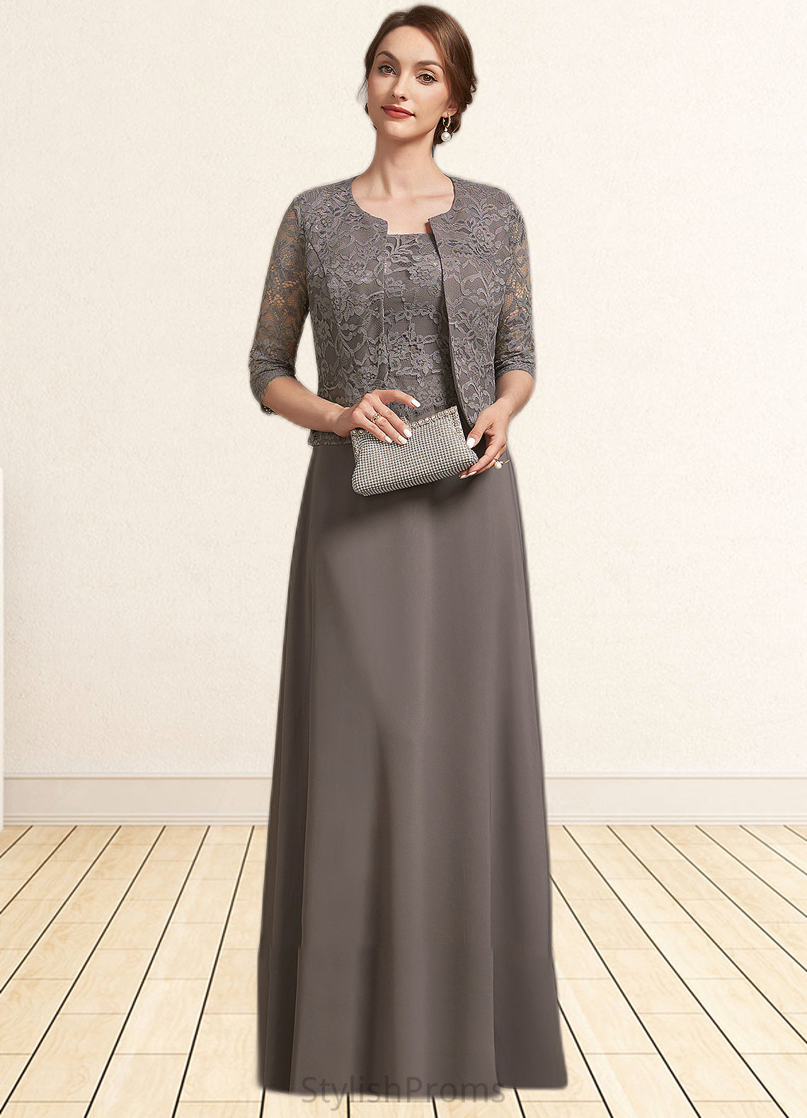 Alyssa A-Line Square Neckline Floor-Length Chiffon Lace Mother of the Bride Dress HQ126P0014904