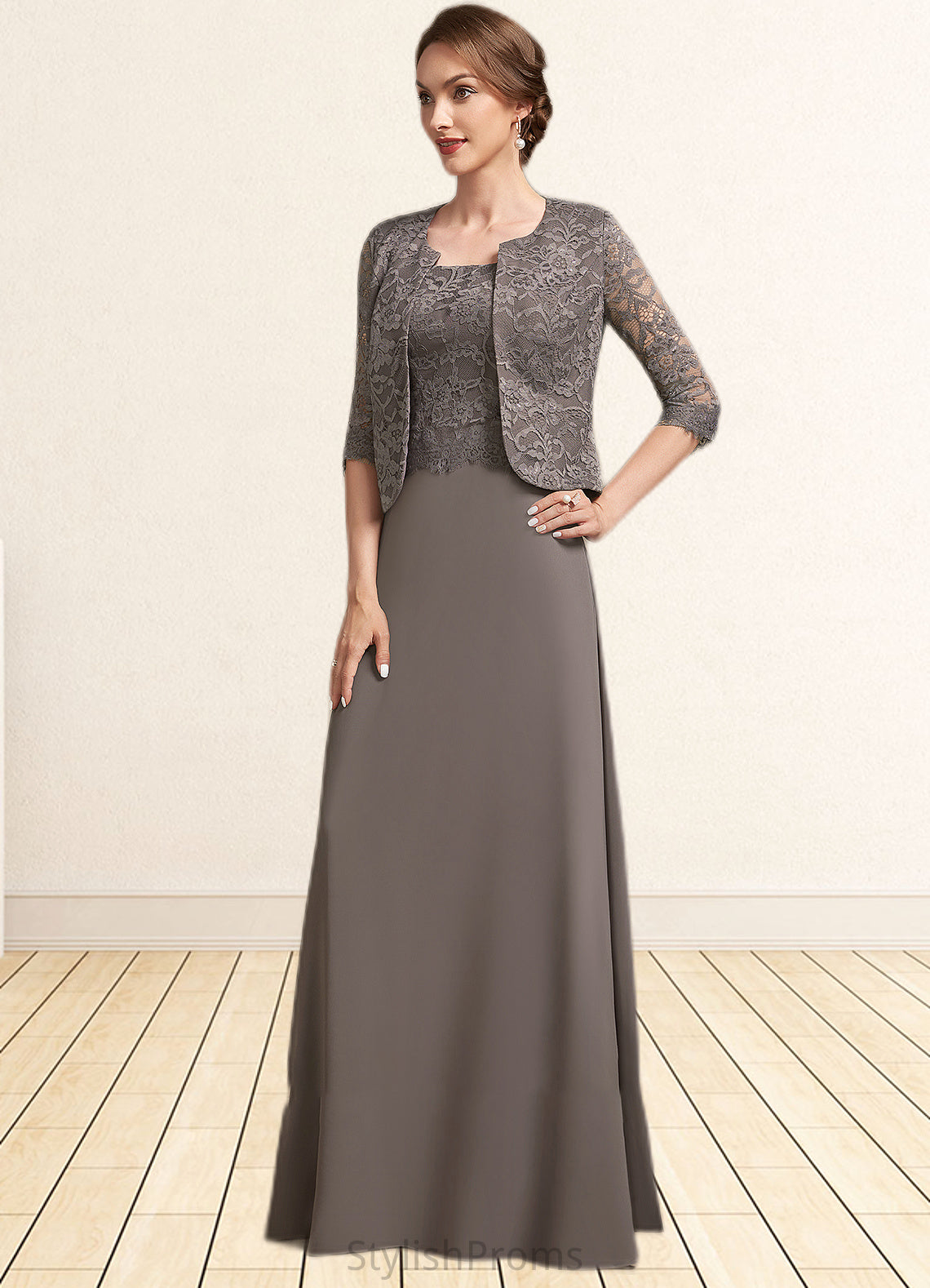 Alyssa A-Line Square Neckline Floor-Length Chiffon Lace Mother of the Bride Dress HQ126P0014904