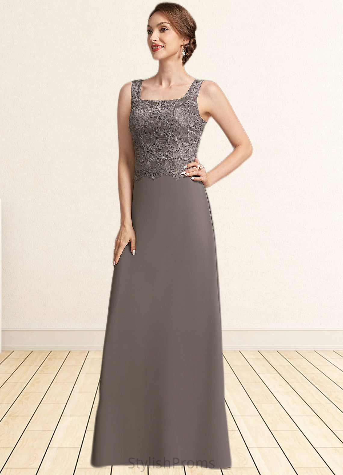 Alyssa A-Line Square Neckline Floor-Length Chiffon Lace Mother of the Bride Dress HQ126P0014904