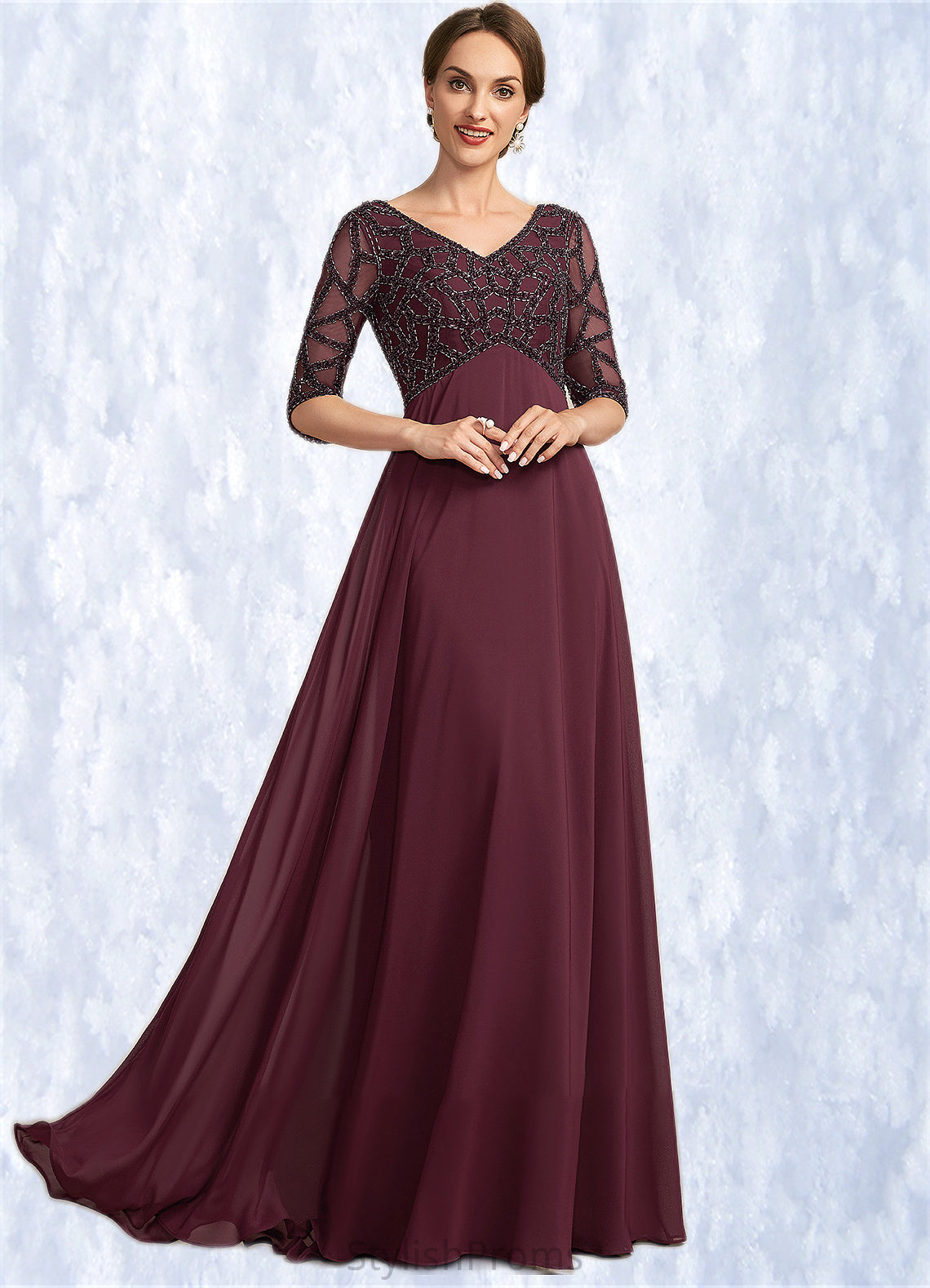 Lilian Empire V-neck Floor-Length Chiffon Mother of the Bride Dress With Beading HQ126P0014906