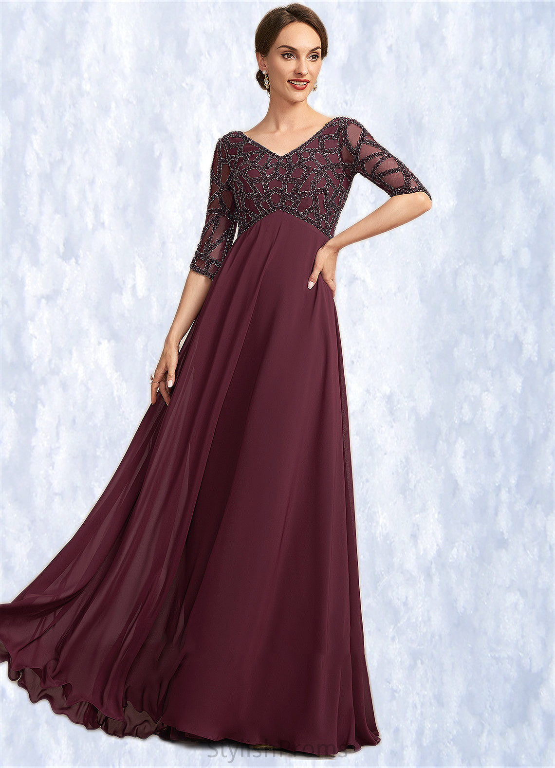 Lilian Empire V-neck Floor-Length Chiffon Mother of the Bride Dress With Beading HQ126P0014906