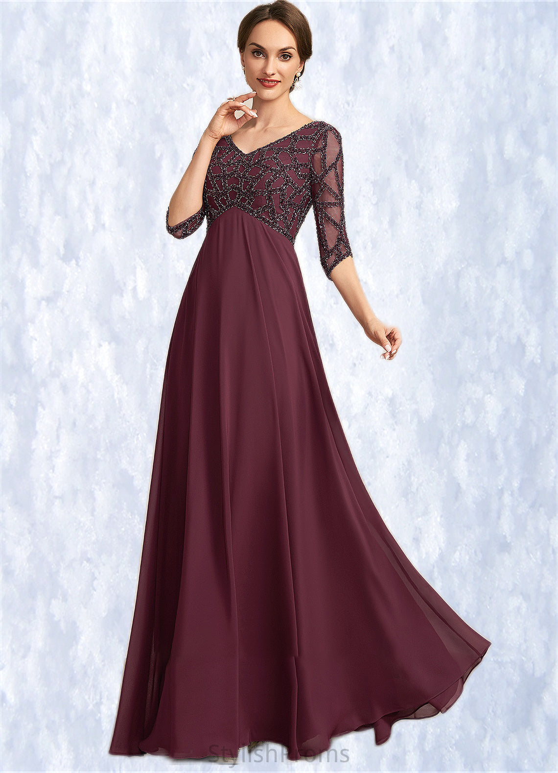 Lilian Empire V-neck Floor-Length Chiffon Mother of the Bride Dress With Beading HQ126P0014906