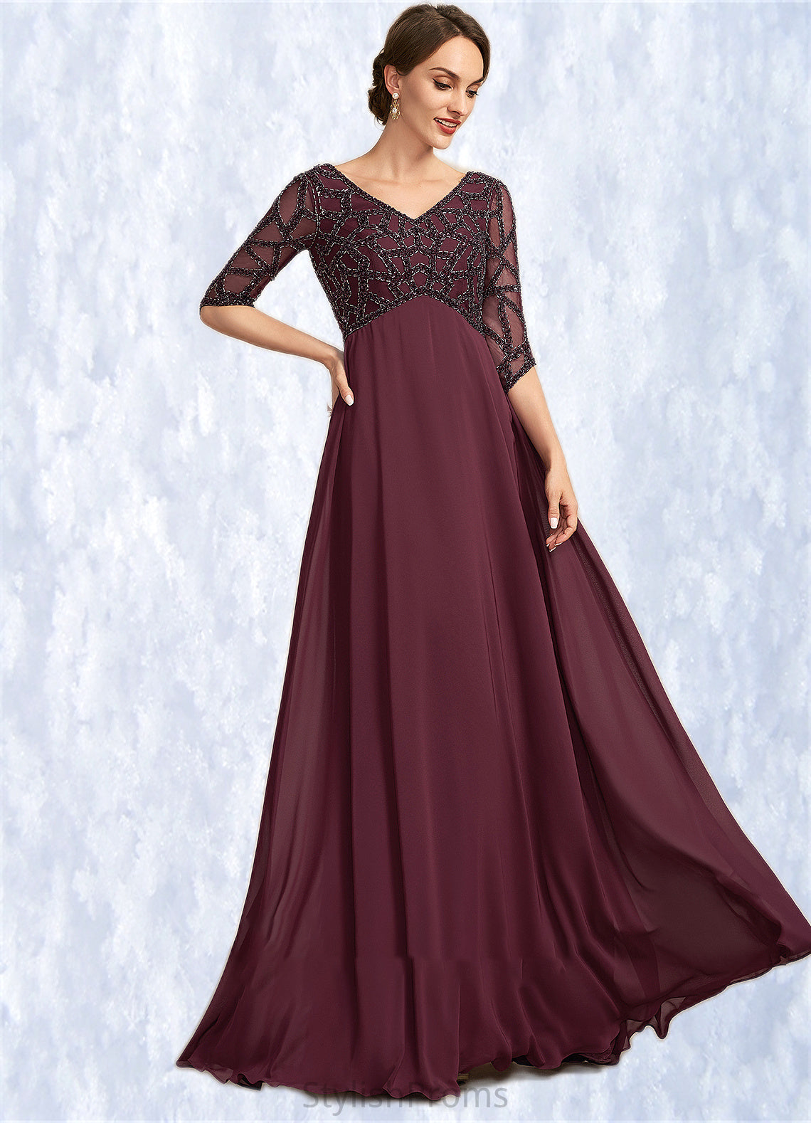 Lilian Empire V-neck Floor-Length Chiffon Mother of the Bride Dress With Beading HQ126P0014906