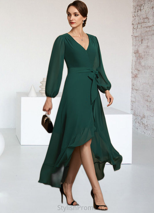 Eliana A-Line V-neck Asymmetrical Chiffon Mother of the Bride Dress With Bow(s) Cascading Ruffles HQ126P0014909