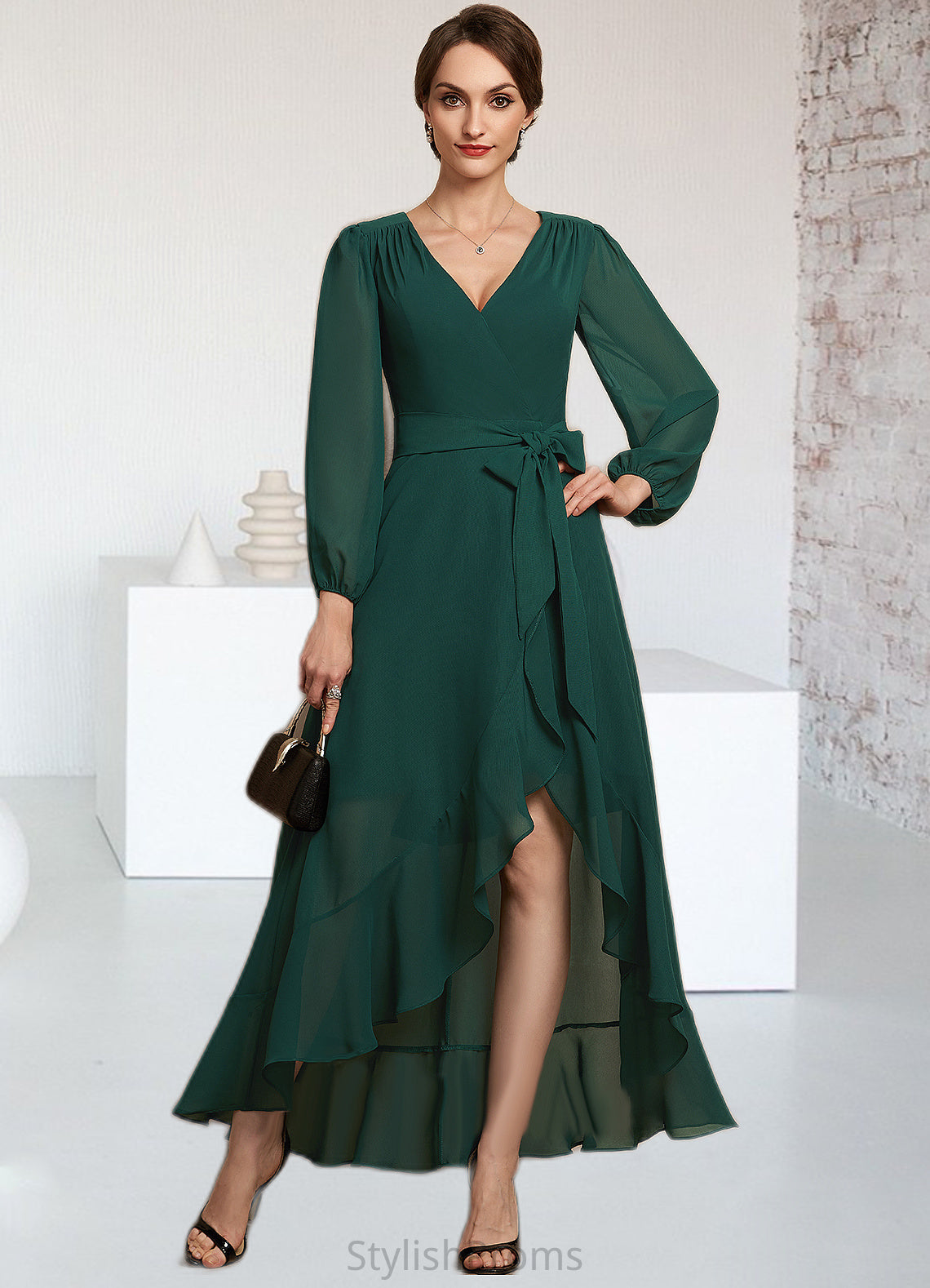 Eliana A-Line V-neck Asymmetrical Chiffon Mother of the Bride Dress With Bow(s) Cascading Ruffles HQ126P0014909