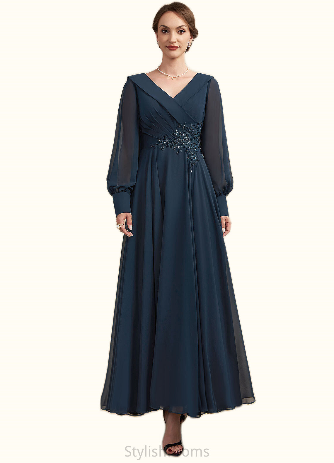 Arabella A-Line V-neck Ankle-Length Chiffon Mother of the Bride Dress With Ruffle Beading Appliques Lace Sequins HQ126P0014915