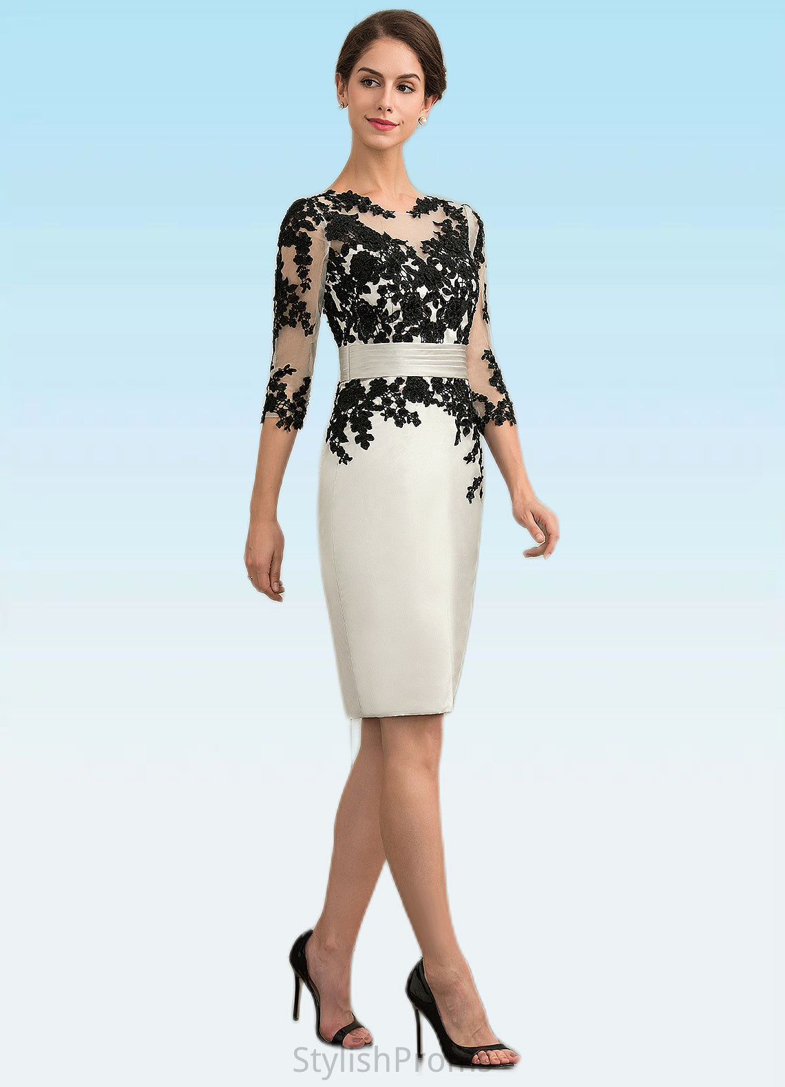 Lillian Sheath/Column Scoop Neck Knee-Length Satin Lace Mother of the Bride Dress With Beading Sequins HQ126P0014916