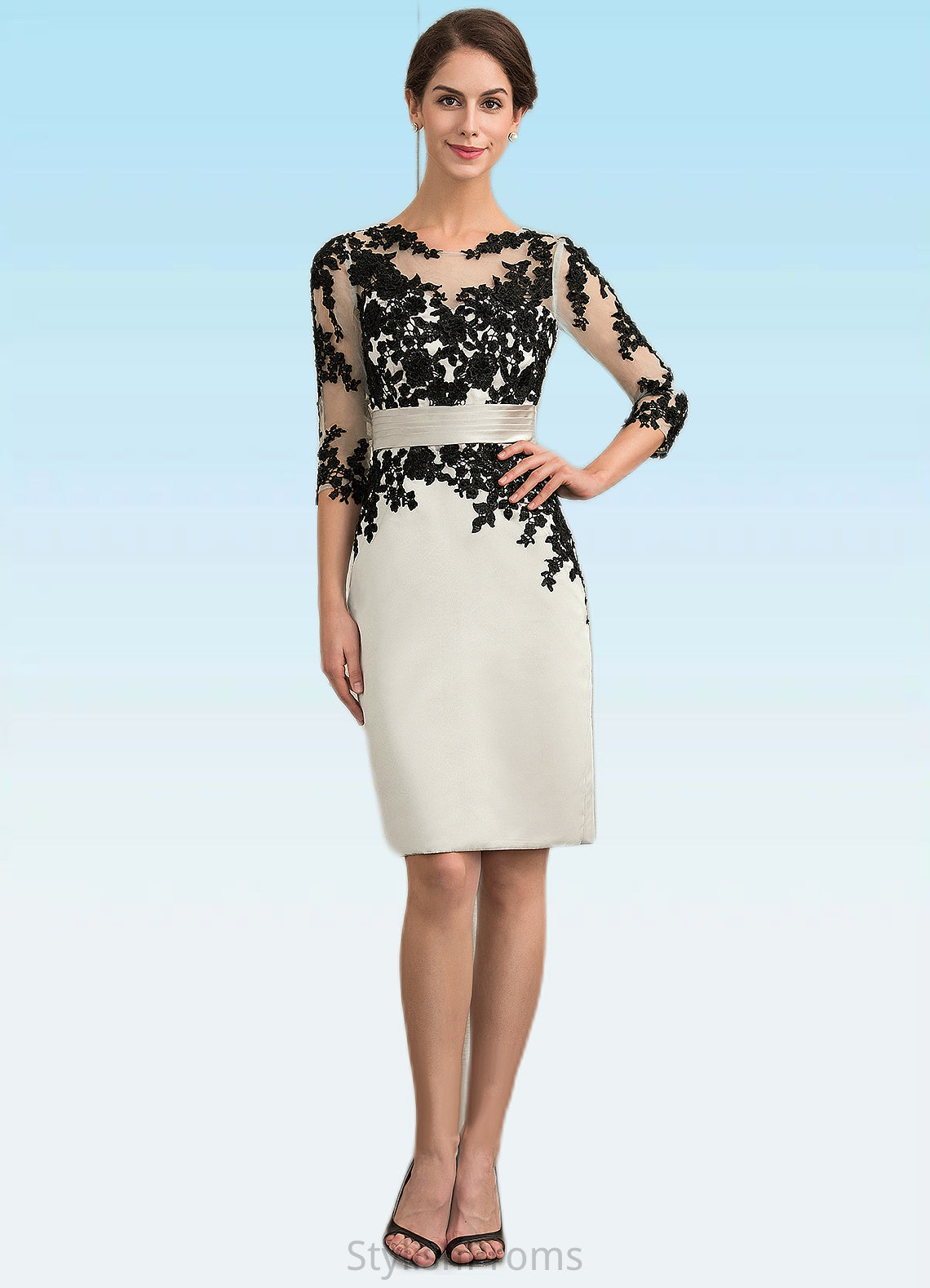 Lillian Sheath/Column Scoop Neck Knee-Length Satin Lace Mother of the Bride Dress With Beading Sequins HQ126P0014916