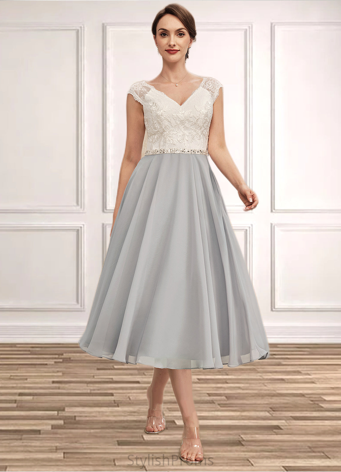 Paige A-Line V-neck Tea-Length Chiffon Lace Mother of the Bride Dress With Beading HQ126P0014919