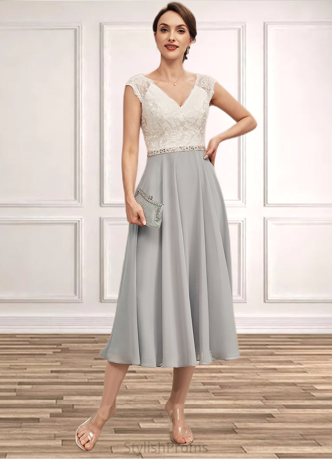 Paige A-Line V-neck Tea-Length Chiffon Lace Mother of the Bride Dress With Beading HQ126P0014919