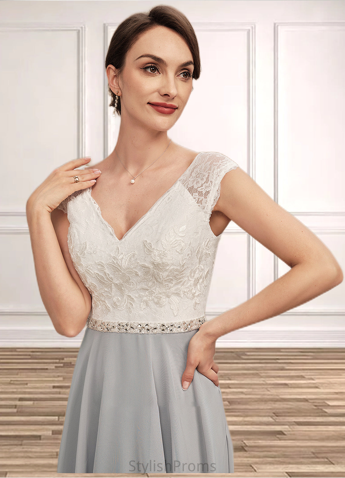 Paige A-Line V-neck Tea-Length Chiffon Lace Mother of the Bride Dress With Beading HQ126P0014919