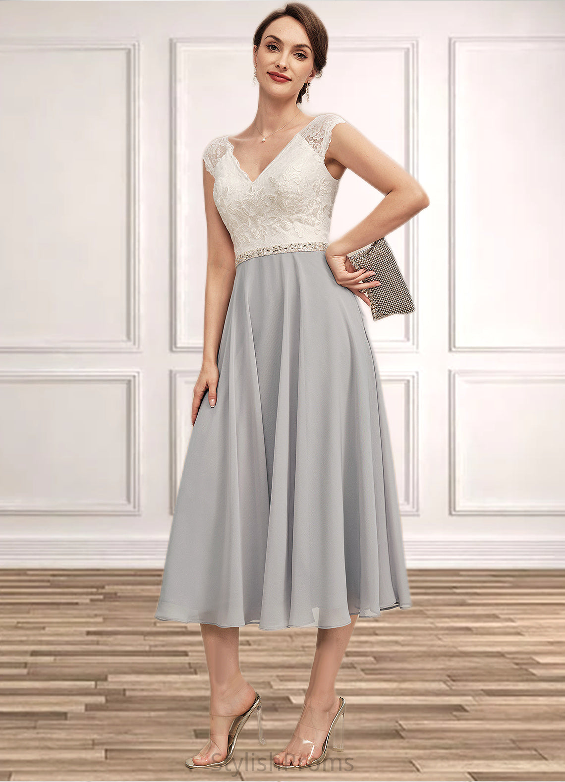 Paige A-Line V-neck Tea-Length Chiffon Lace Mother of the Bride Dress With Beading HQ126P0014919