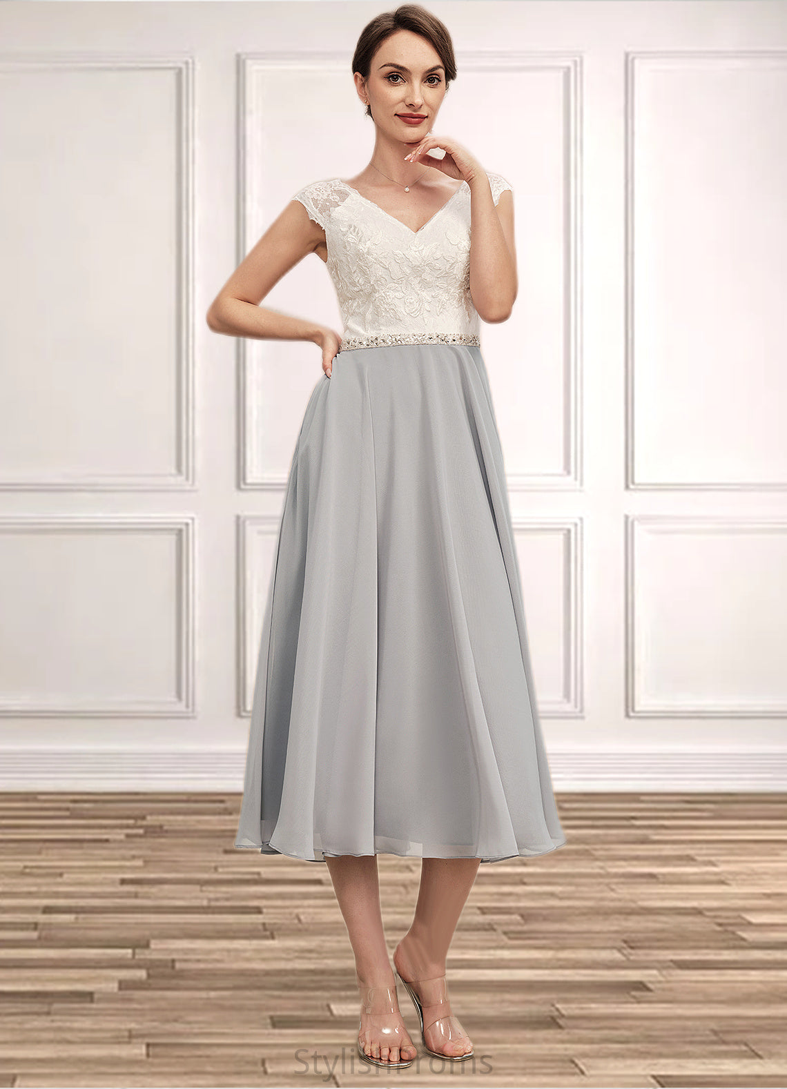 Paige A-Line V-neck Tea-Length Chiffon Lace Mother of the Bride Dress With Beading HQ126P0014919