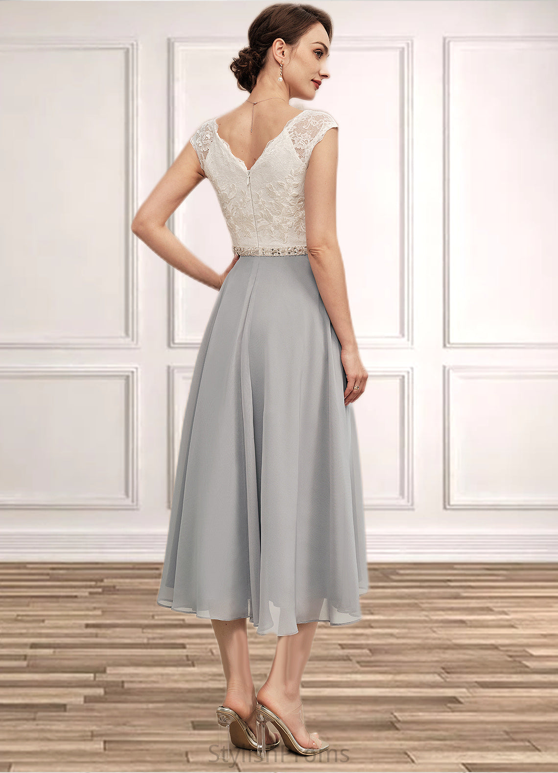 Paige A-Line V-neck Tea-Length Chiffon Lace Mother of the Bride Dress With Beading HQ126P0014919