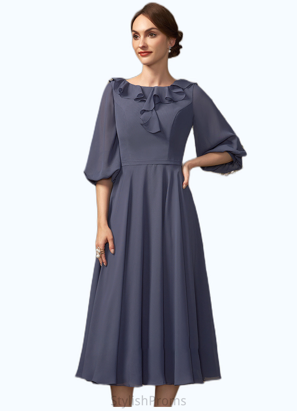 Skylar A-Line Scoop Neck Tea-Length Chiffon Mother of the Bride Dress With Cascading Ruffles HQ126P0014920