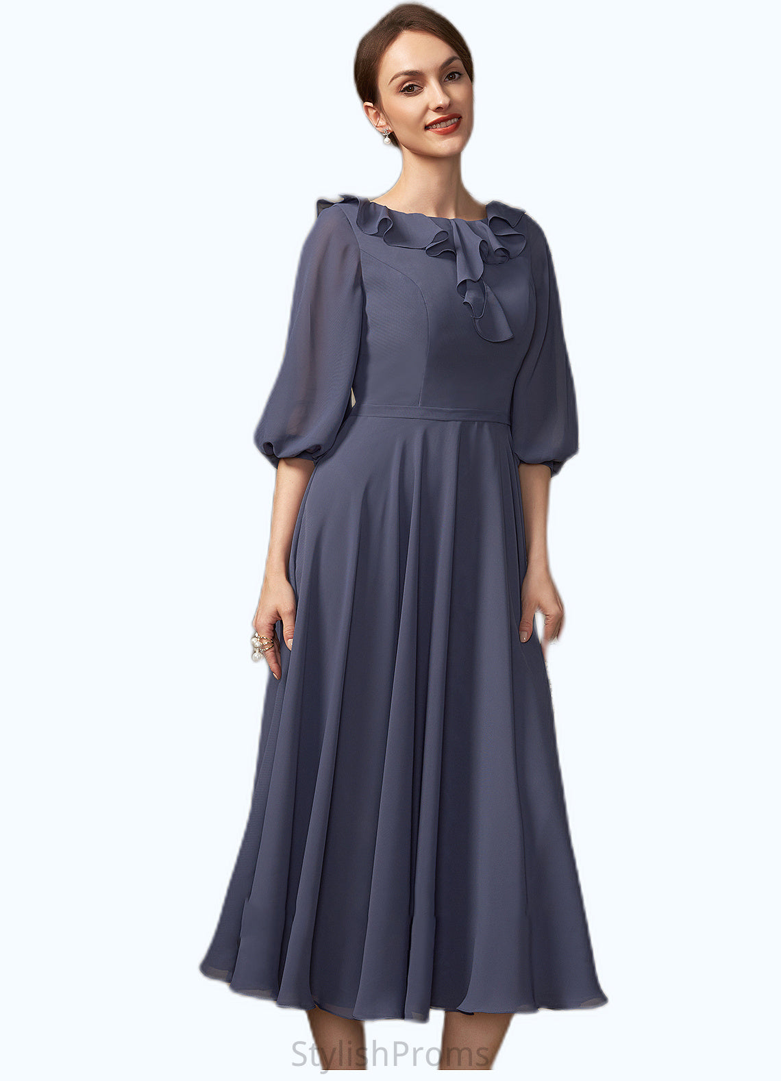 Skylar A-Line Scoop Neck Tea-Length Chiffon Mother of the Bride Dress With Cascading Ruffles HQ126P0014920