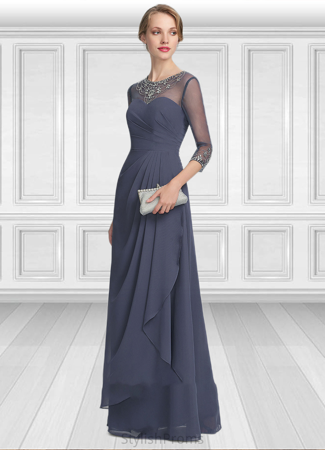 Giovanna A-Line Scoop Neck Floor-Length Chiffon Mother of the Bride Dress With Beading Sequins Cascading Ruffles HQ126P0014921