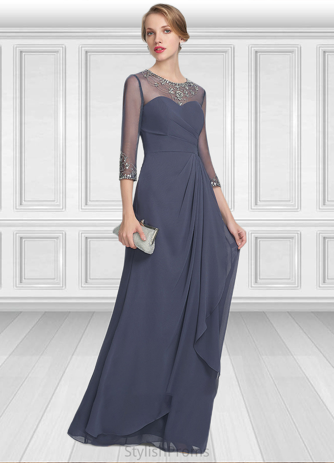 Giovanna A-Line Scoop Neck Floor-Length Chiffon Mother of the Bride Dress With Beading Sequins Cascading Ruffles HQ126P0014921