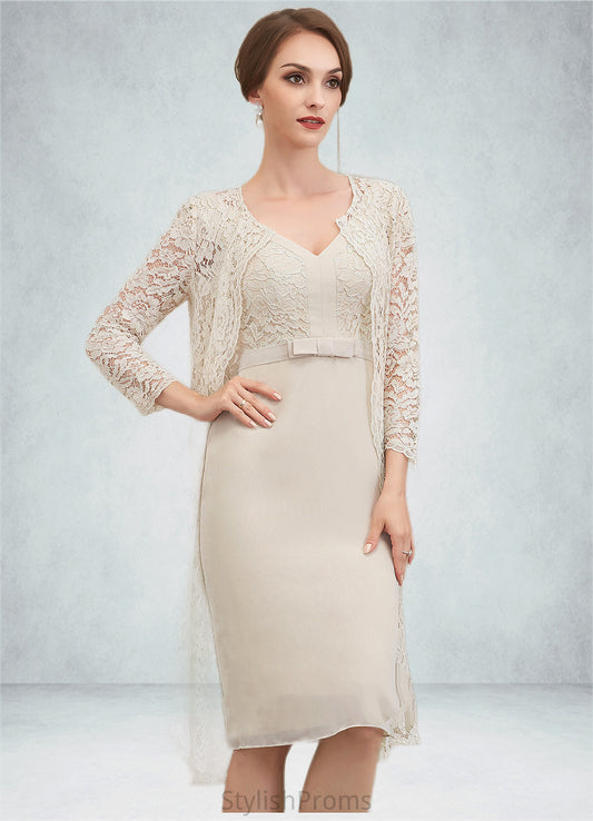 Aubrey Sheath/Column V-neck Knee-Length Chiffon Lace Mother of the Bride Dress With Bow(s) HQ126P0014924