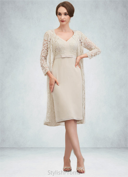 Aubrey Sheath/Column V-neck Knee-Length Chiffon Lace Mother of the Bride Dress With Bow(s) HQ126P0014924