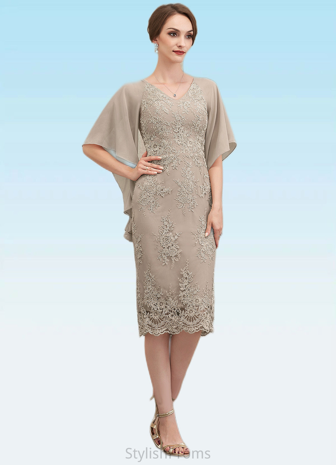 Serenity Sheath/Column V-neck Knee-Length Chiffon Lace Mother of the Bride Dress With Cascading Ruffles HQ126P0014925