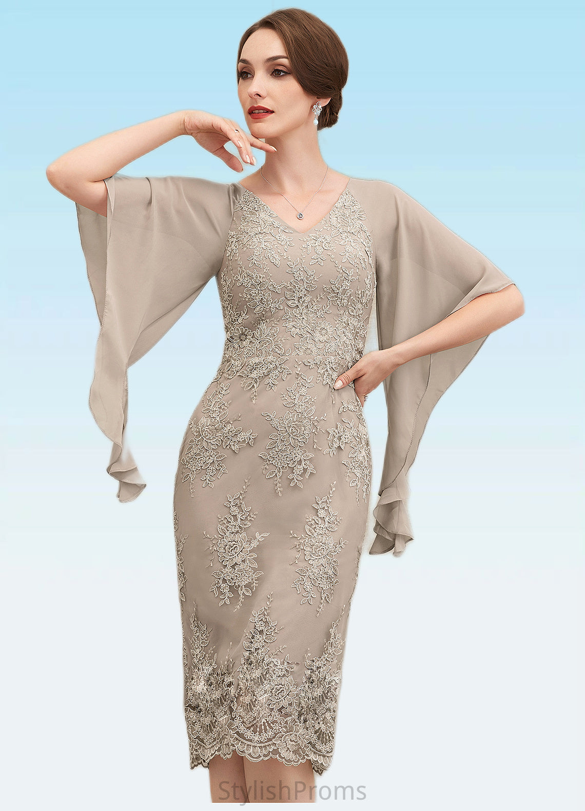 Serenity Sheath/Column V-neck Knee-Length Chiffon Lace Mother of the Bride Dress With Cascading Ruffles HQ126P0014925