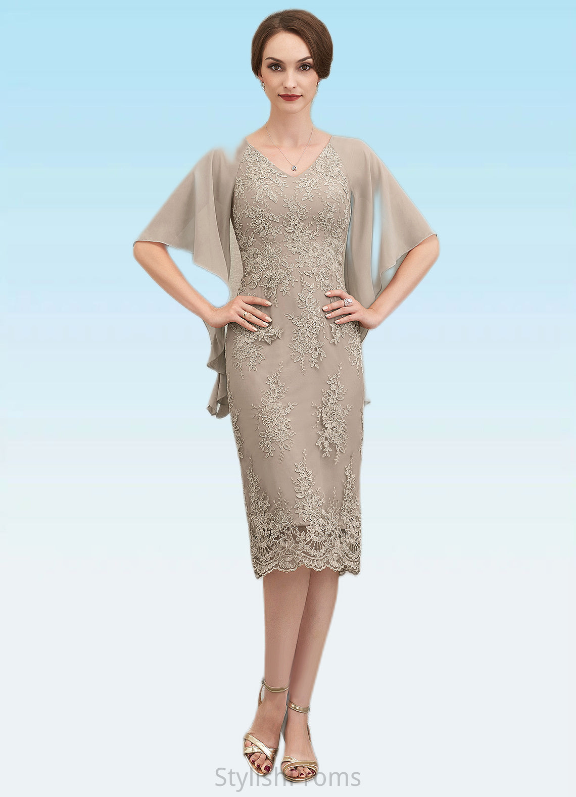 Serenity Sheath/Column V-neck Knee-Length Chiffon Lace Mother of the Bride Dress With Cascading Ruffles HQ126P0014925