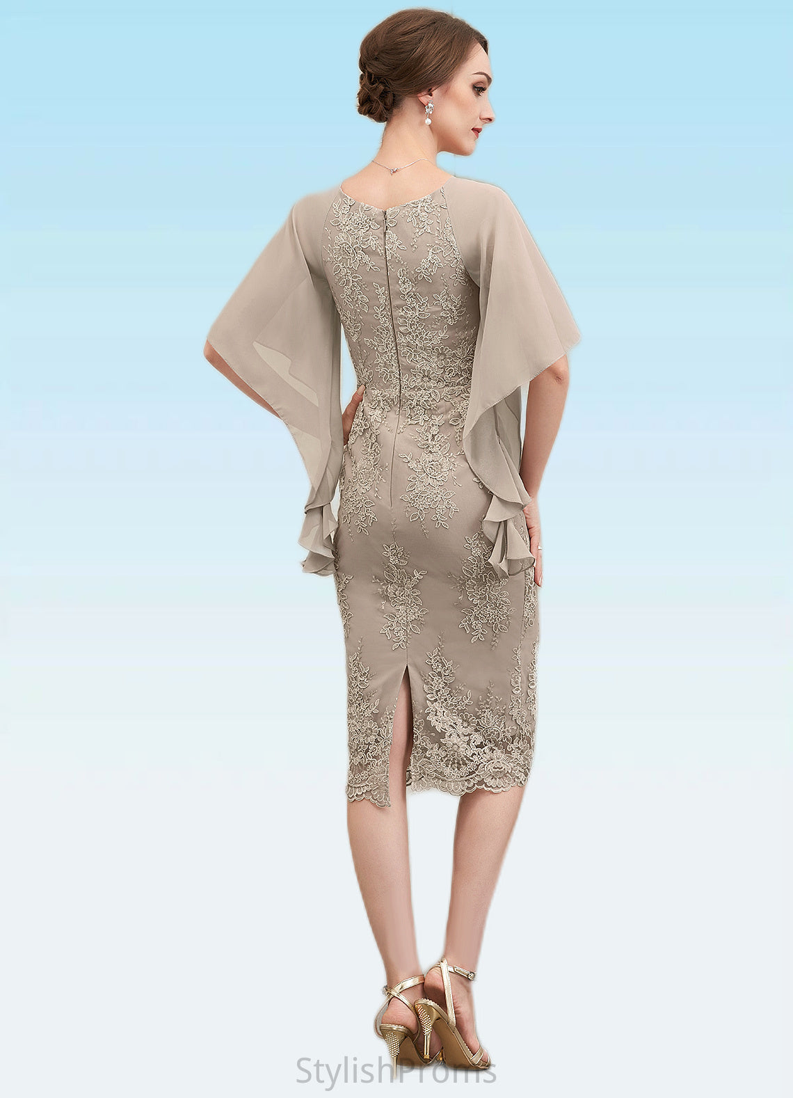 Serenity Sheath/Column V-neck Knee-Length Chiffon Lace Mother of the Bride Dress With Cascading Ruffles HQ126P0014925