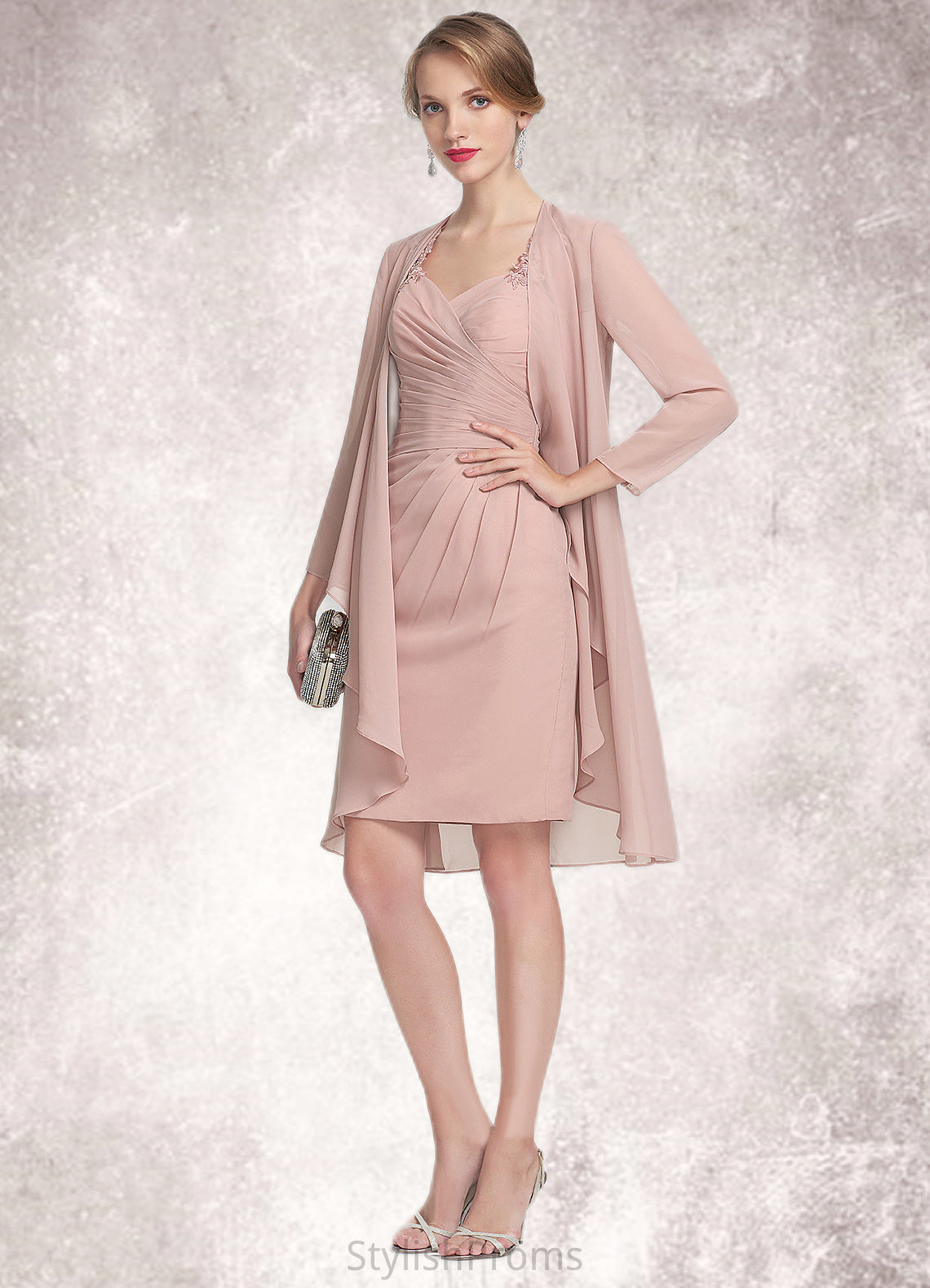 Justine Sheath/Column Sweetheart Knee-Length Chiffon Mother of the Bride Dress With Ruffle Lace HQ126P0014929