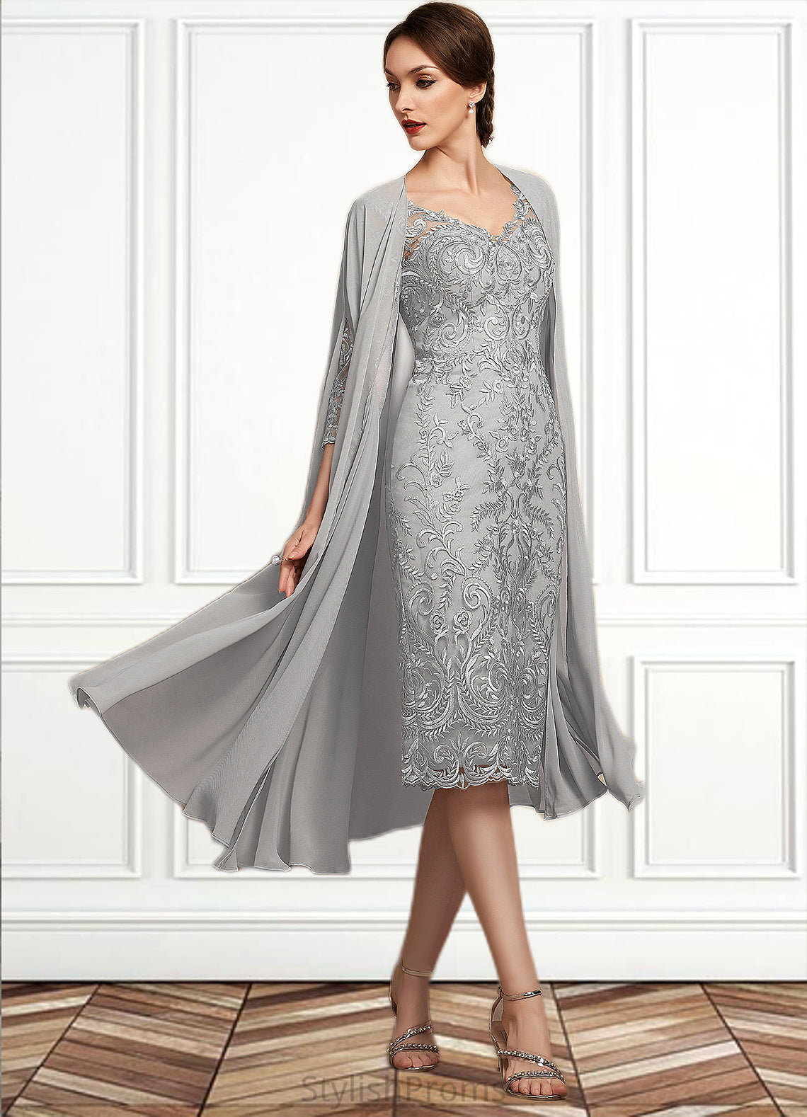 Karlee Sheath/Column V-neck Knee-Length Lace Mother of the Bride Dress HQ126P0014931