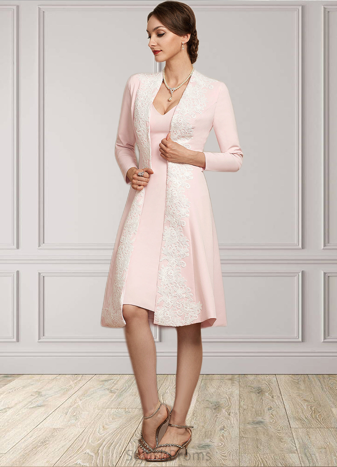 Rosalind Sheath/Column V-neck Knee-Length Stretch Crepe Mother of the Bride Dress HQ126P0014933