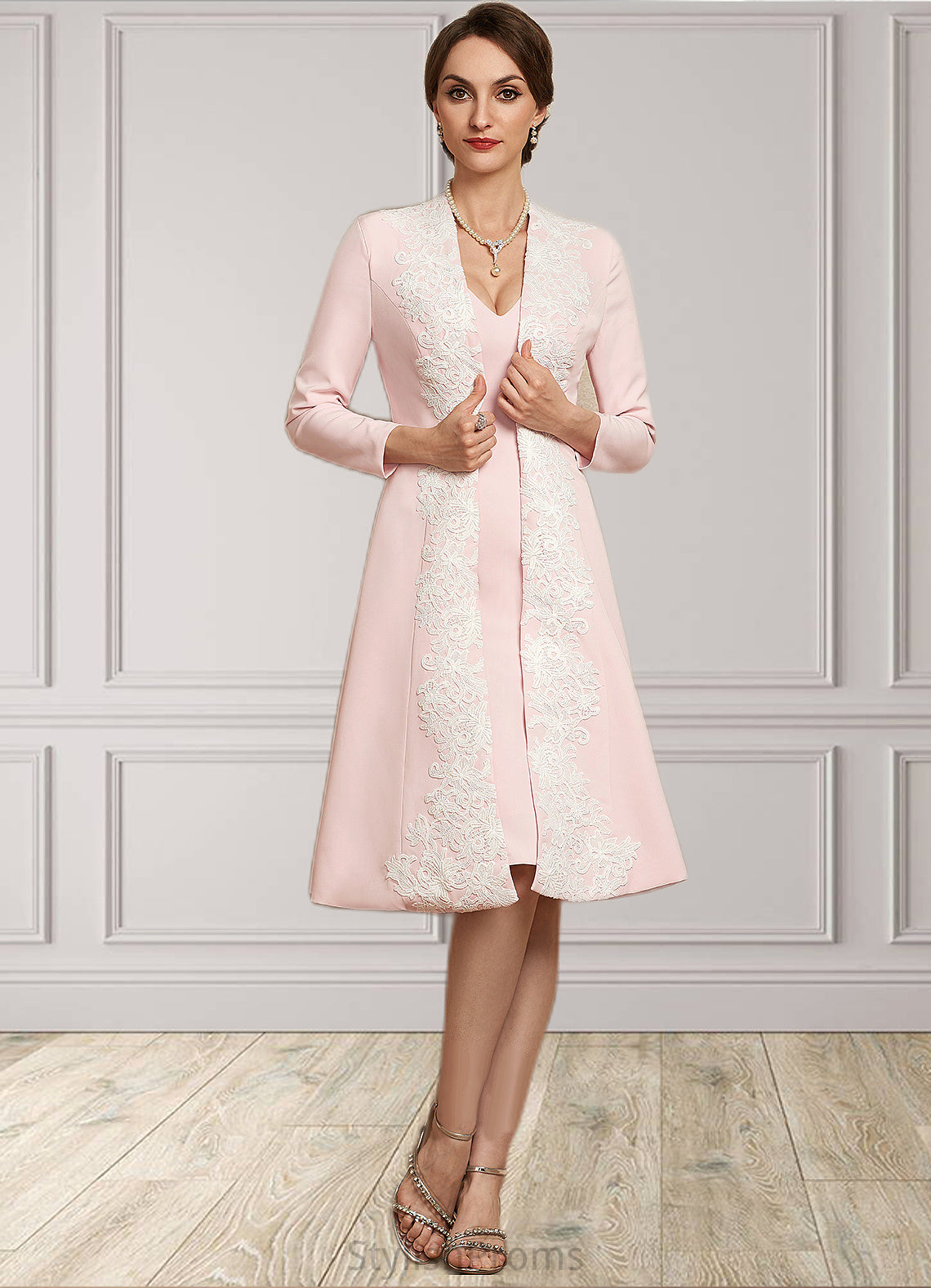 Rosalind Sheath/Column V-neck Knee-Length Stretch Crepe Mother of the Bride Dress HQ126P0014933