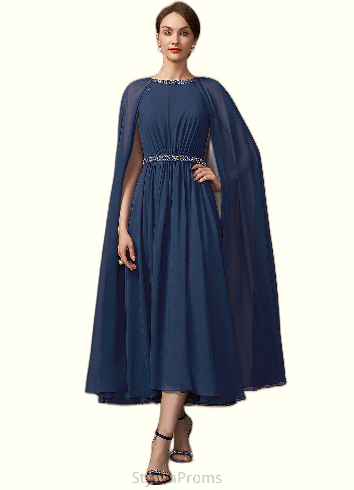 Michaela A-Line Scoop Neck Tea-Length Chiffon Mother of the Bride Dress With Beading HQ126P0014934